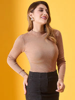 Woman in 98degreenorth’s light camel ribbed high-neck pullover—slim fit knit sweater for work & casual wear India.