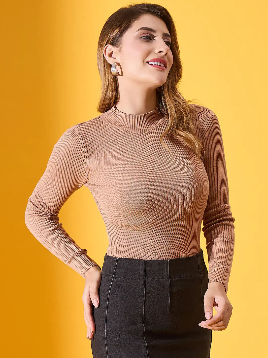 Woman in 98degreenorth’s light camel ribbed high-neck pullover—slim fit knit sweater for work & casual wear India.