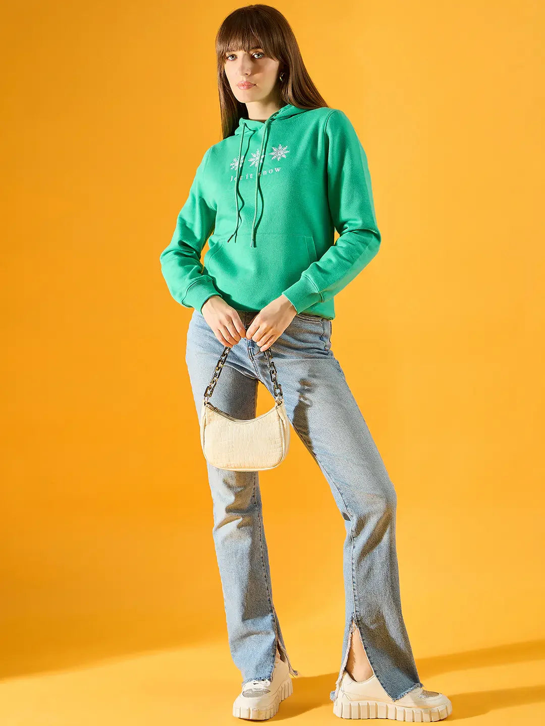 Women’s Light Green Fleece Hoodie Sweatshirt with Snowflake Embroidery – Festive Winter Style
