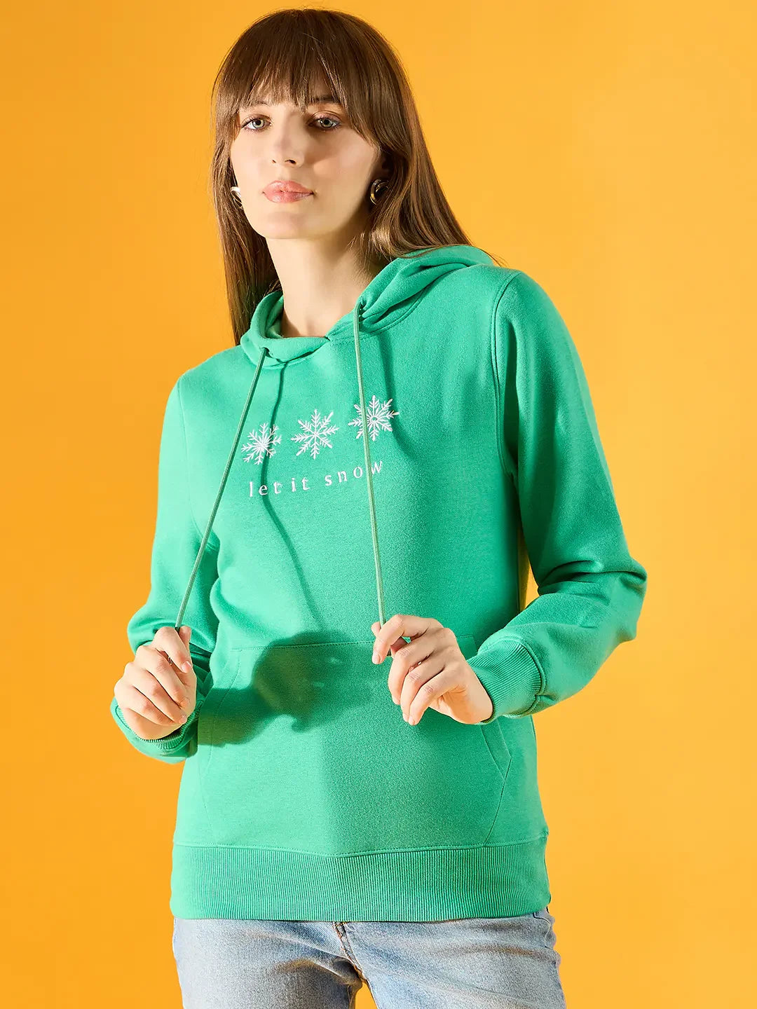 Women’s Light Green Fleece Hoodie Sweatshirt with Snowflake Embroidery – Festive Winter Style