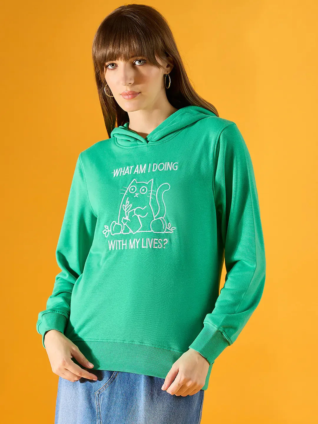 Women’s Light Green Hoodie Sweatshirt with Cat Embroidery – What Am I Doing with My Lives Quote