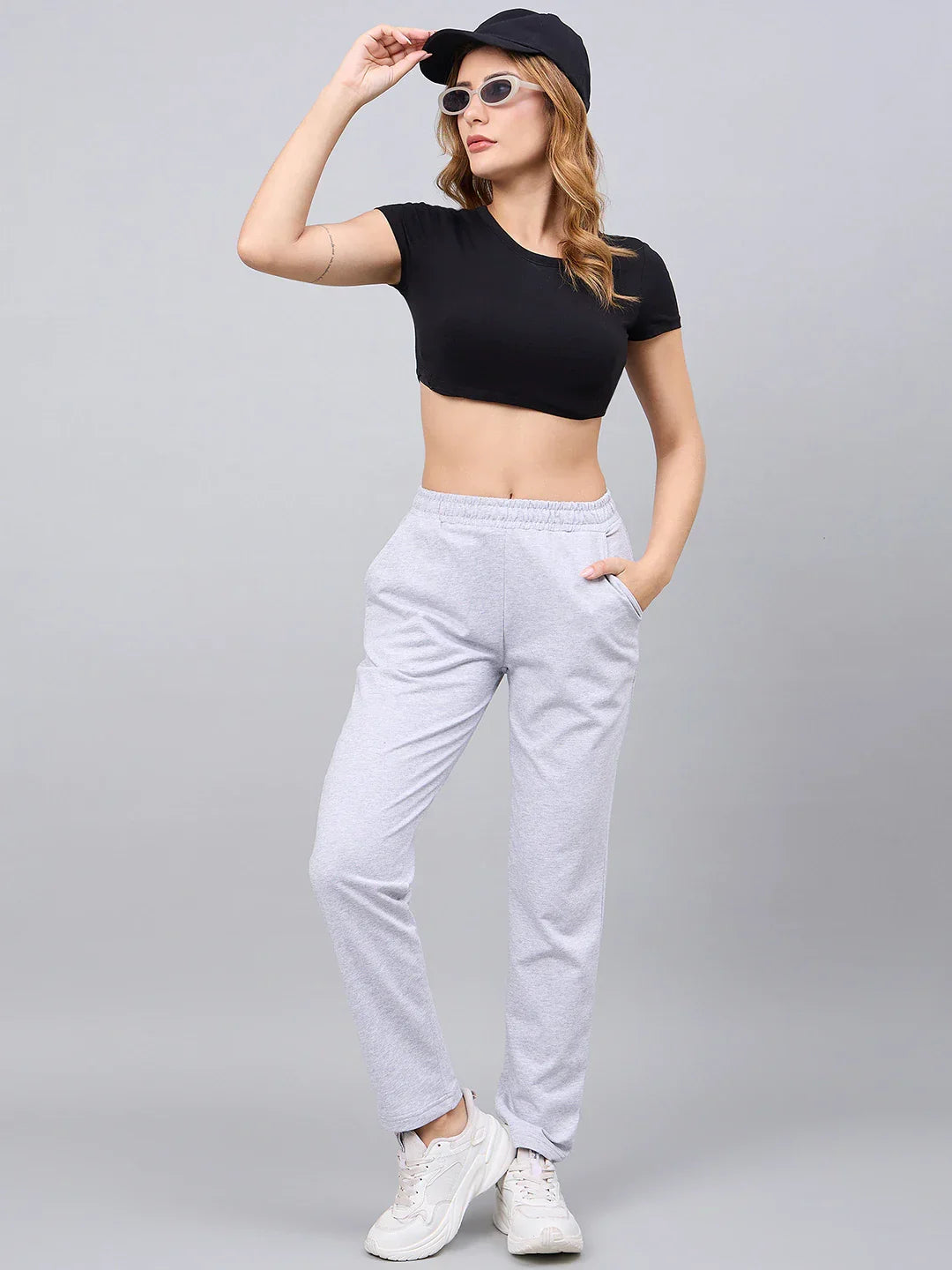 Women’s Light Grey Cotton Stretchable Slim Fit Trackpants – High Waist Straight Leg Casual & Athleisure Pants India