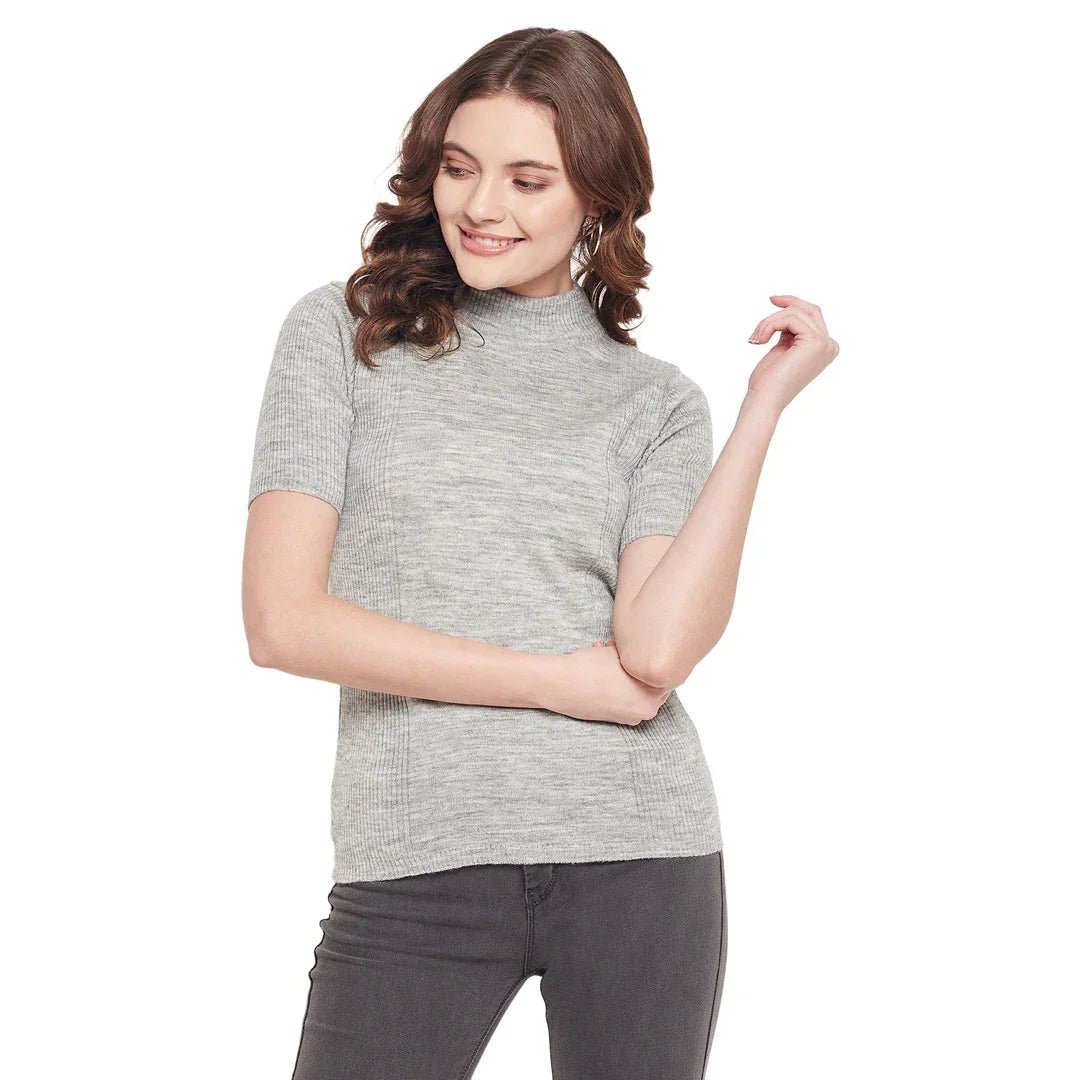 Women’s Light Grey Ribbed Turtle Neck Sweater – Stretchable Slim Fit Half Sleeve Winter Knitwear for Work & Everyday Outfits India