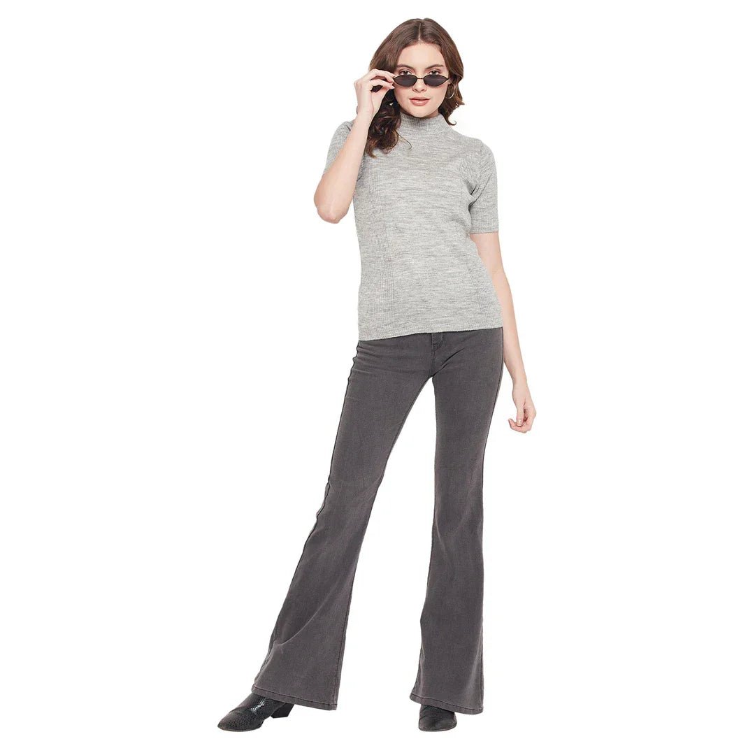 Women’s Light Grey Ribbed Turtle Neck Sweater – Stretchable Slim Fit Half Sleeve Winter Knitwear for Work & Everyday Outfits India