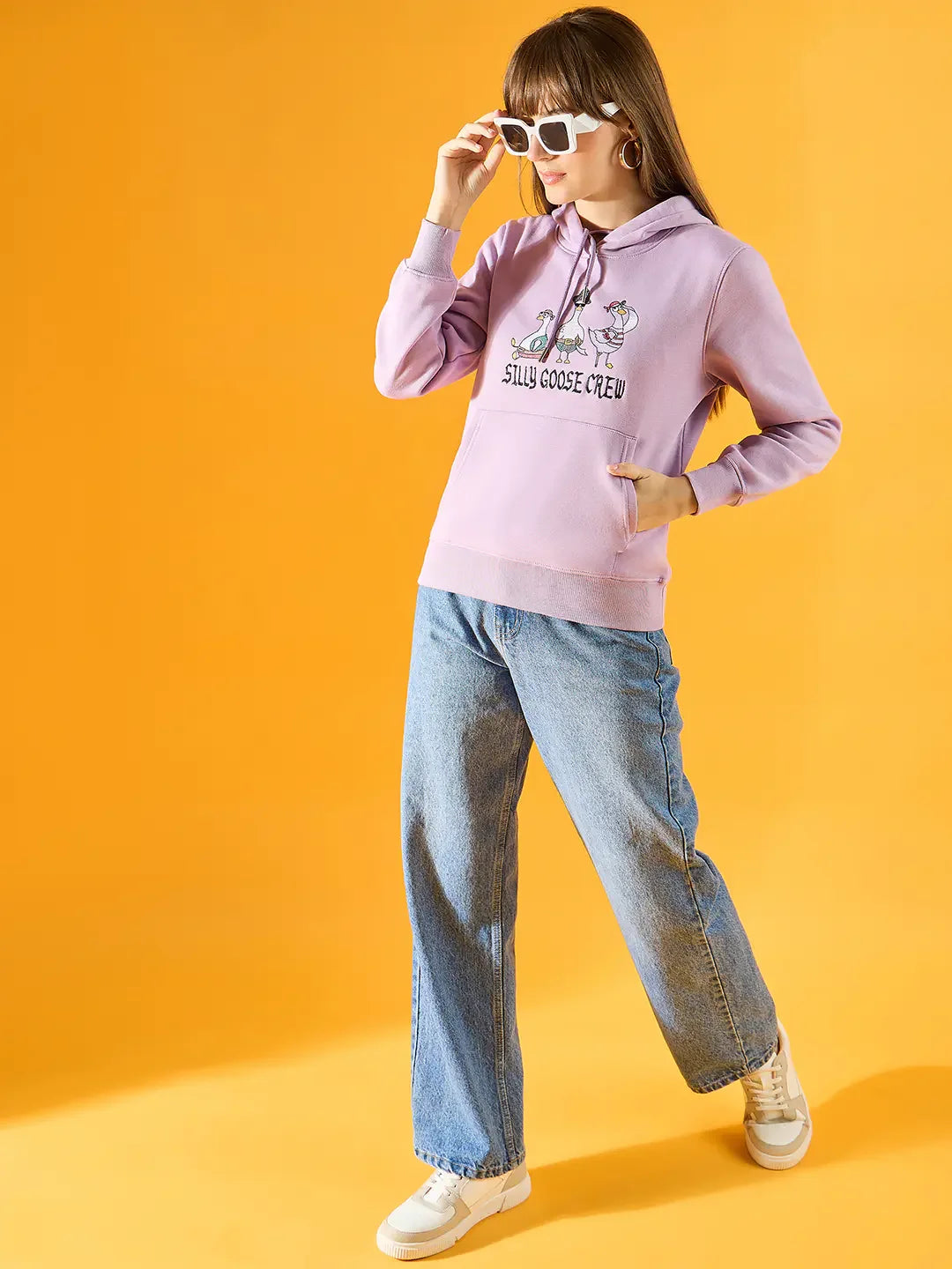Women’s Light Purple Fleece Hoodie Sweatshirt with Silly Goose Embroidery – Trendy Quirky Style