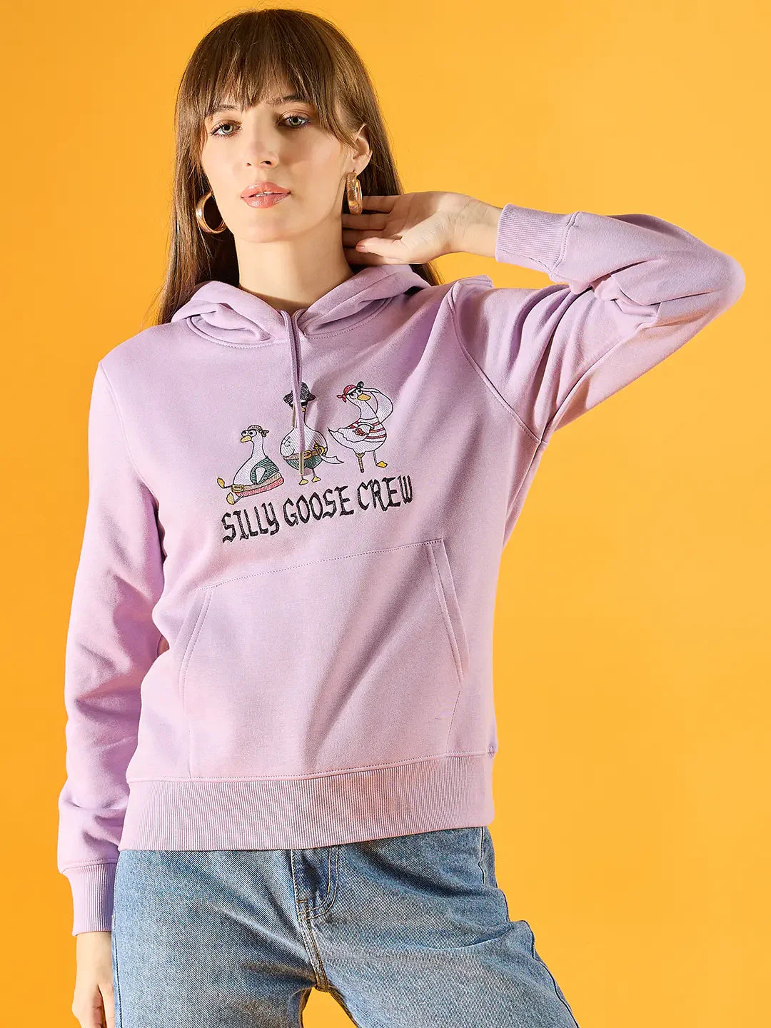 Women’s Light Purple Fleece Hoodie Sweatshirt with Silly Goose Embroidery – Trendy Quirky Style