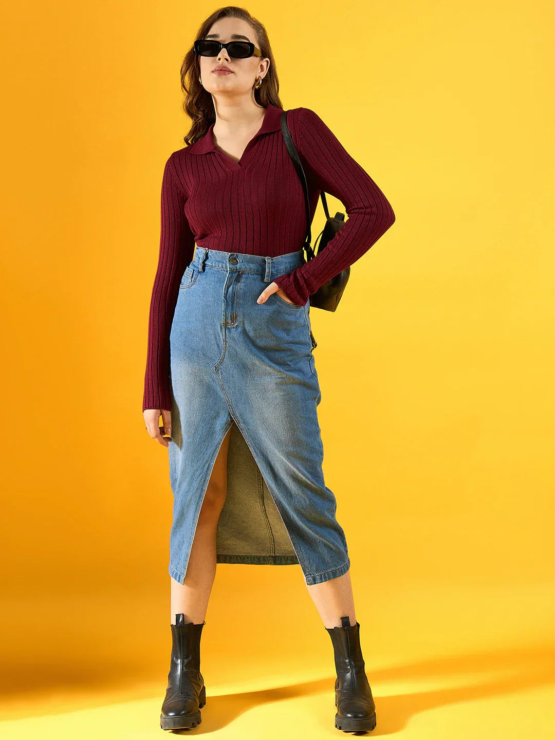 Women’s Maroon Mix Ribbed Collar Neck Sweater – Textured Slim Fit Winter Top India