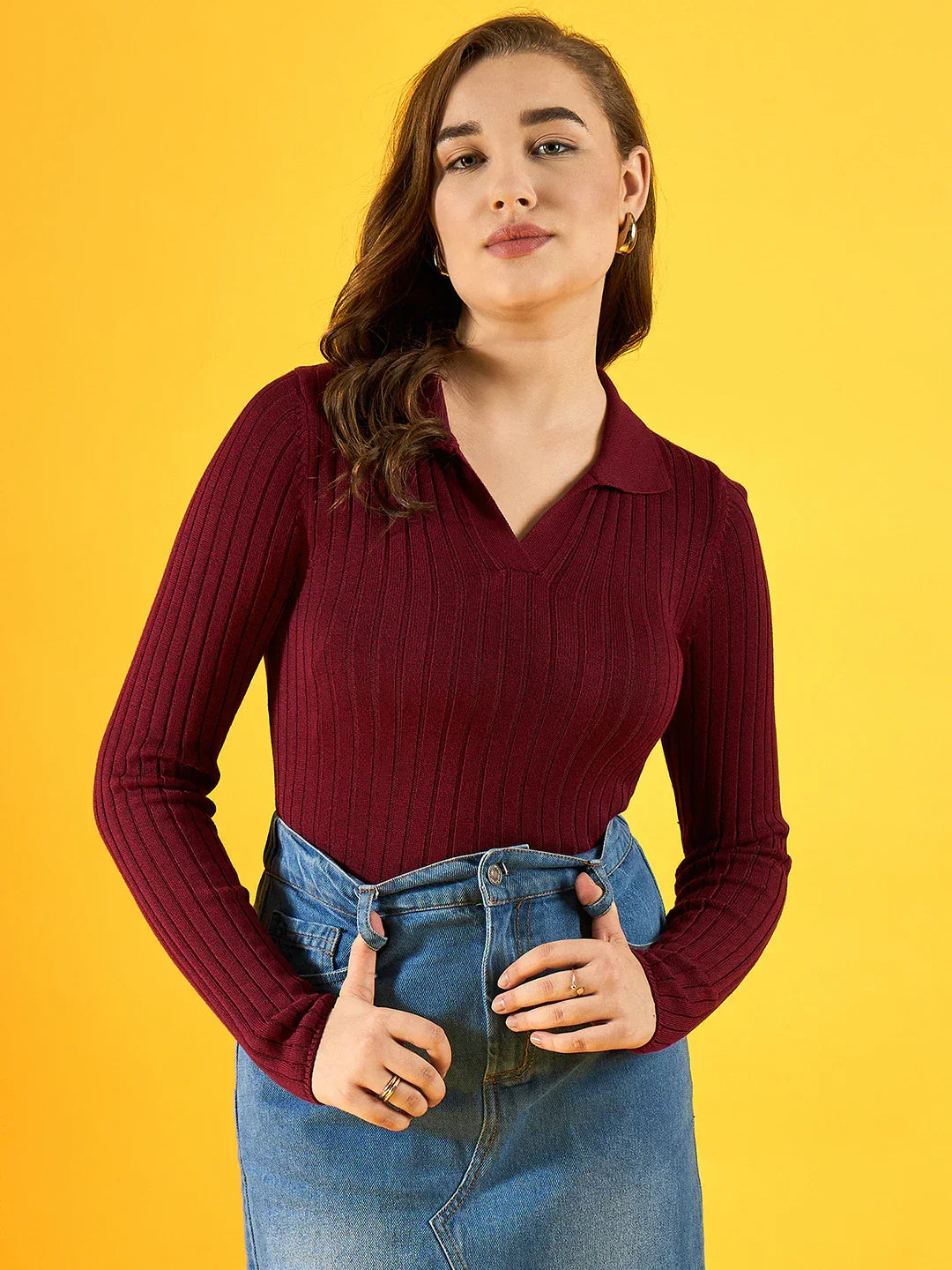Women’s Maroon Mix Ribbed Collar Neck Sweater – Textured Slim Fit Winter Top India