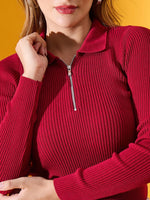 Model in 98degreenorth Women's Maroon Ribbed Collar Zipper Sweater against a vibrant yellow backdrop.
