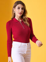 Woman in 98degreenorth's maroon ribbed collar zipper sweater and white jeans against a yellow background.