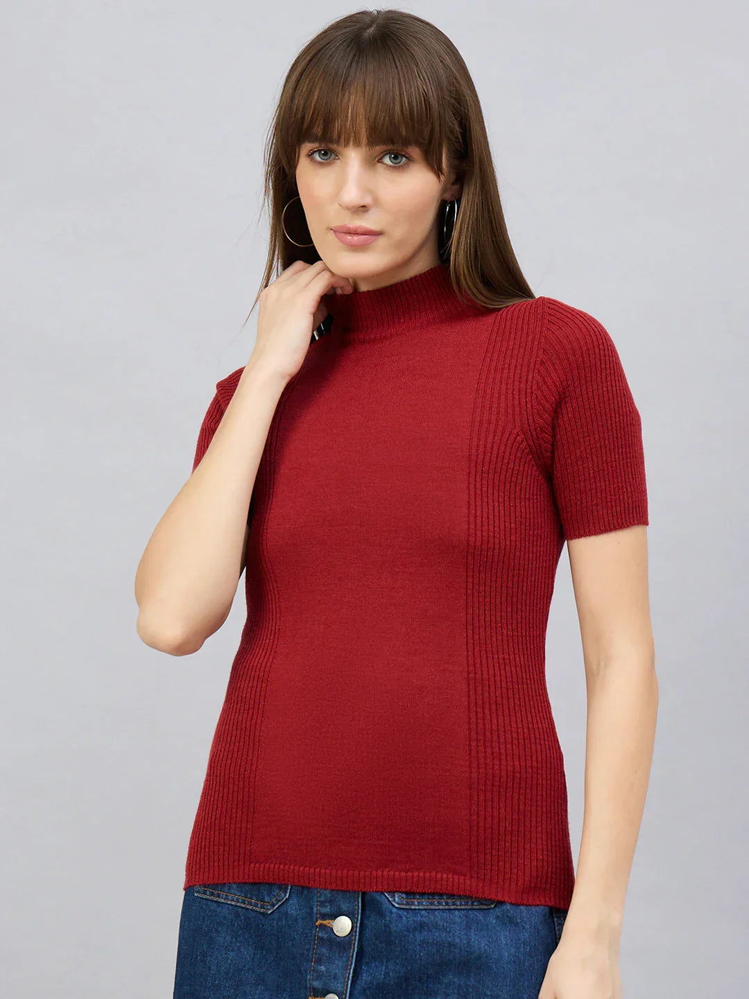 Women’s Maroon Stretchable Ribbed Turtle Neck Sweater – Slim Fit Half Sleeve Winter Knit Top for Casual, Office & Travel Outfits India