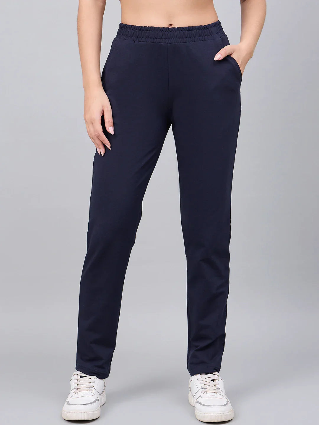 Women’s Navy Blue Cotton Stretchable Slim Fit Trackpants – High Waist Straight Leg Casual & Travel Wear Pants India
