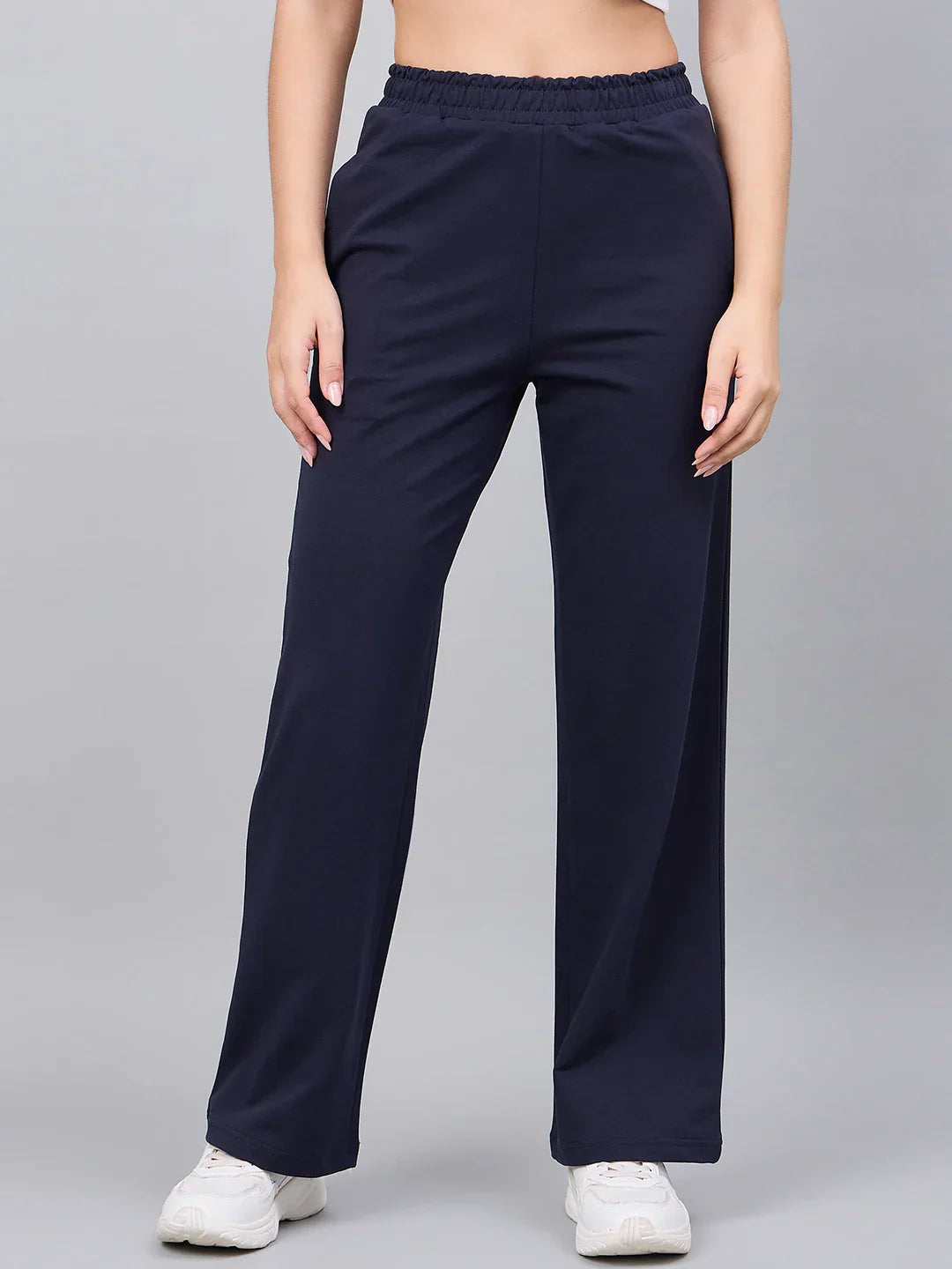 Women’s Navy Blue Cotton Stretchable Trackpants – Straight Fit Slim High Waist Everyday & Travel Pants India