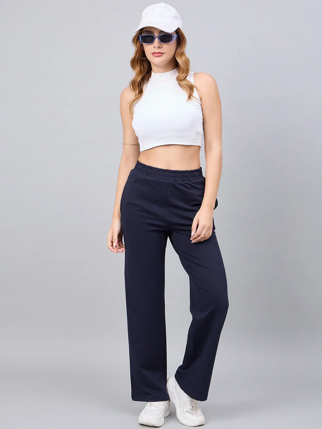 Women’s Navy Blue Cotton Stretchable Trackpants – Straight Fit Slim High Waist Everyday & Travel Pants India