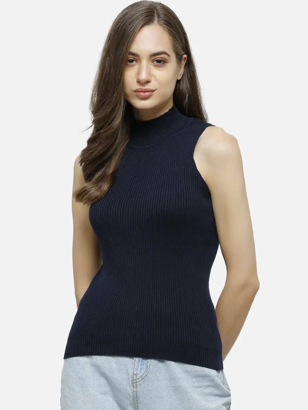 Women’s Navy Blue Ribbed High Neck Sleeveless Knit Top – Elegant Slim Fit Solid Mock Neck Tank