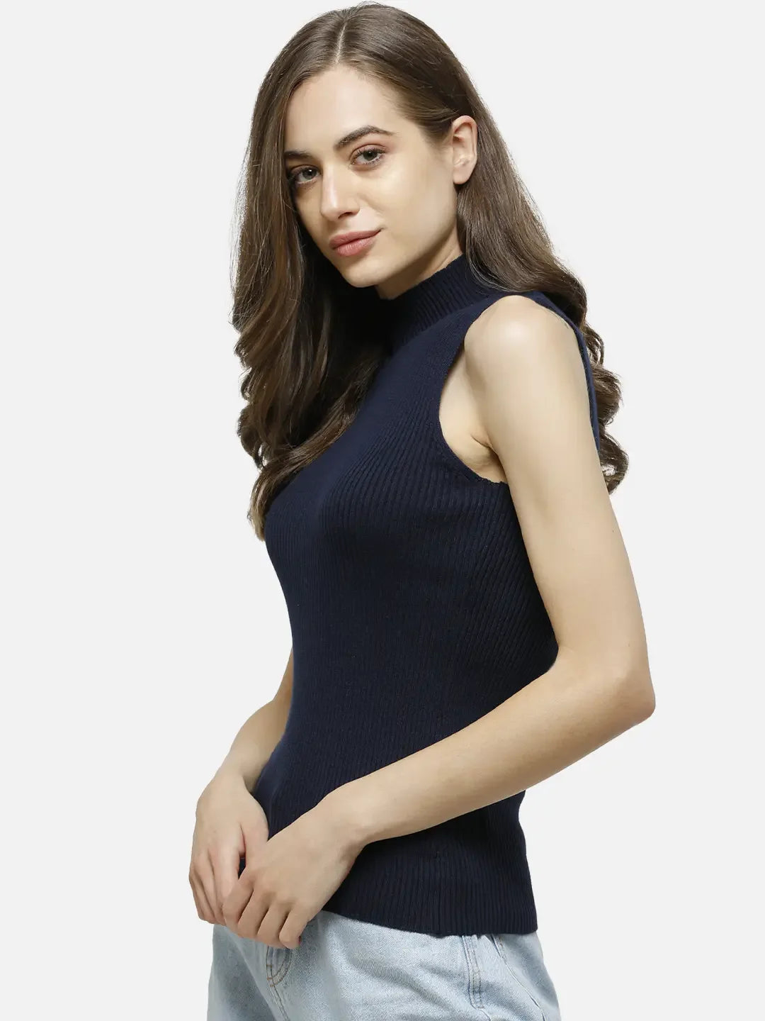 Women’s Navy Blue Ribbed High Neck Sleeveless Knit Top – Elegant Slim Fit Solid Mock Neck Tank