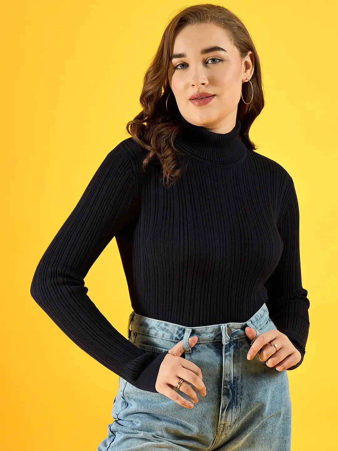 Women’s Navy Blue Ribbed Turtleneck Stretchable Sweater – Classic High Neck Pullover – Perfect for Layering & All-Day Winter Comfort