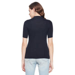 Woman wearing 98degreenorth Navy Blue Ribbed Slim Fit Turtle Neck Sweater, half sleeves, for office & travel.