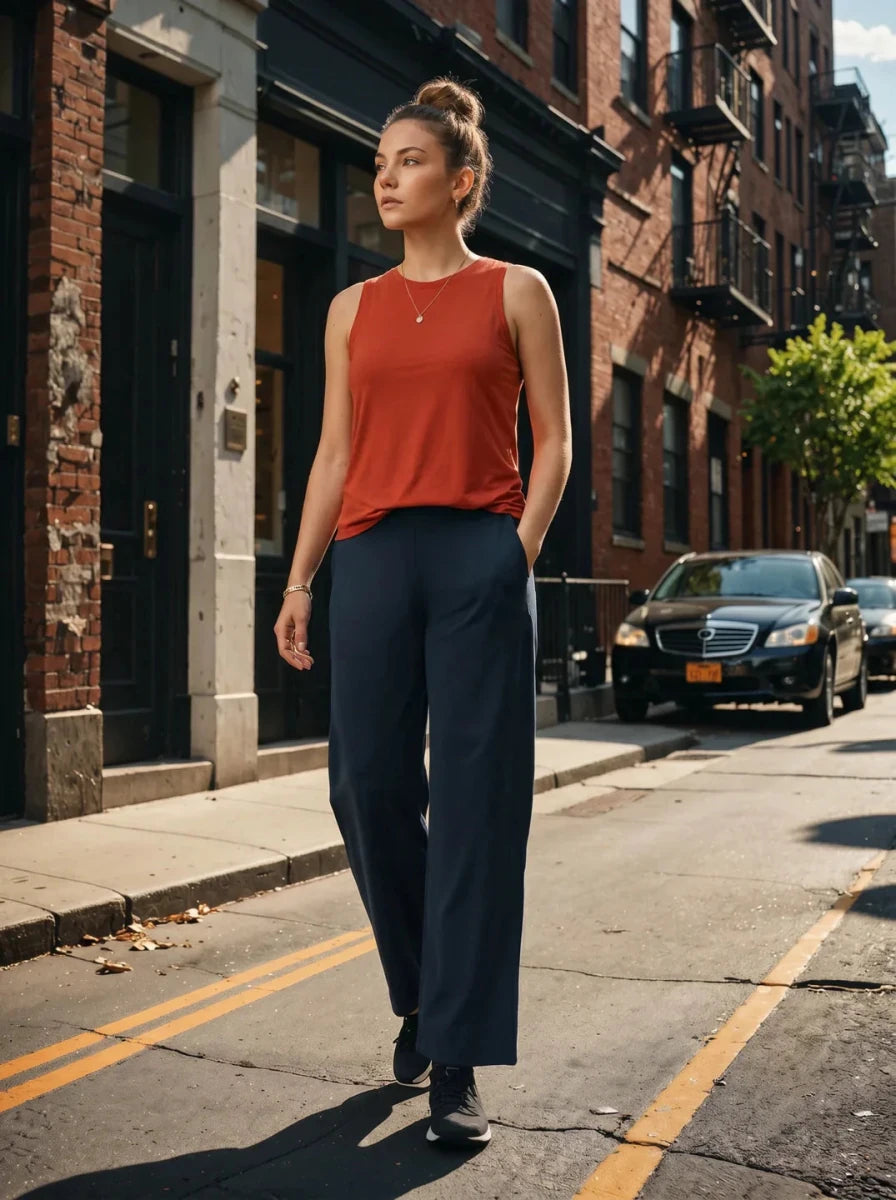 A woman wearing 98degreenorth’s Navy Blue Wide-Leg Cotton Pants walks confidently down a sunlit city street.