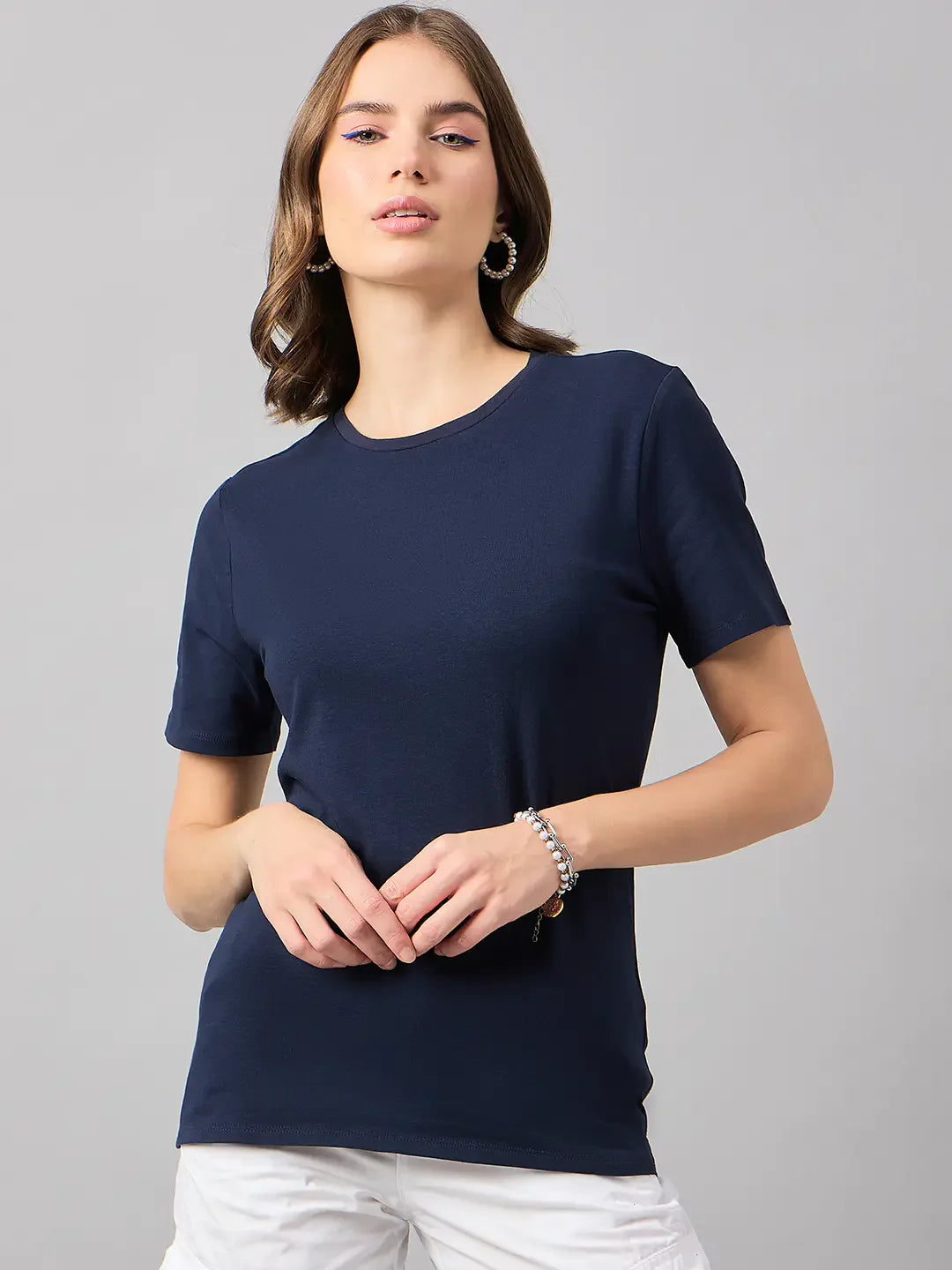 Women’s Navy Round Neck Short Sleeve T-Shirt – Elegant Everyday Casual Top for Women in India