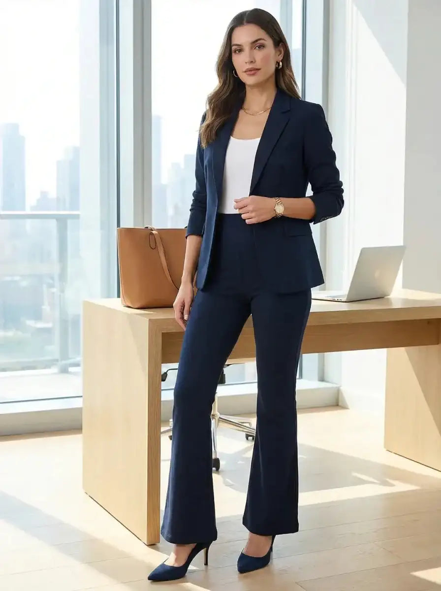 A woman wearing 98degreenorth Women’s Navy Stretchable Trousers stands by a desk in a bright office with city views.