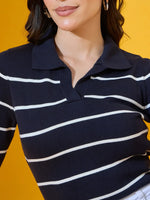 98degreenorth Women’s Navy Striped Collared Knit Sweater—an elegant long sleeve polo, perfect for work or weekends.