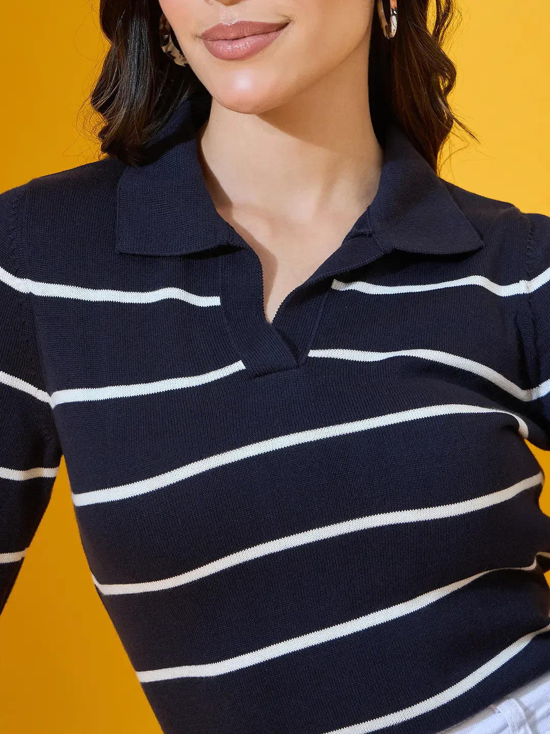98degreenorth Women’s Navy Striped Collared Knit Sweater—an elegant long sleeve polo, perfect for work or weekends.