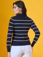 Woman in 98degreenorth Navy Striped Collared Knit Sweater, ideal for work or weekends; stylish women's knitwear.