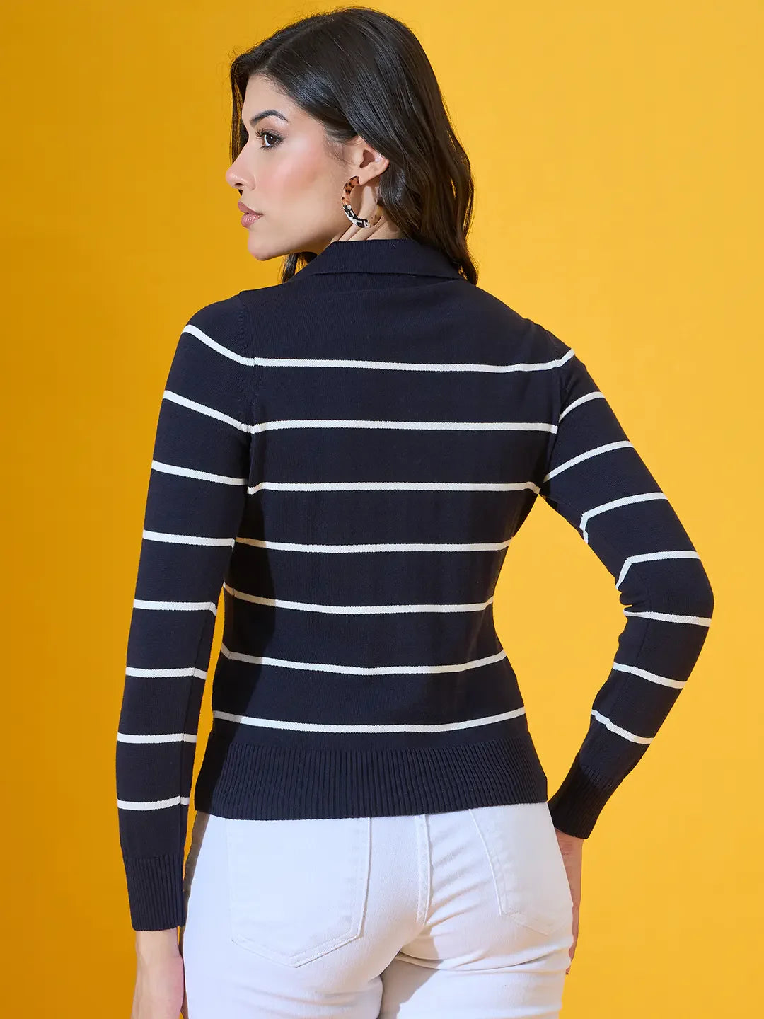 Woman in 98degreenorth Navy Striped Collared Knit Sweater, ideal for work or weekends; stylish women's knitwear.