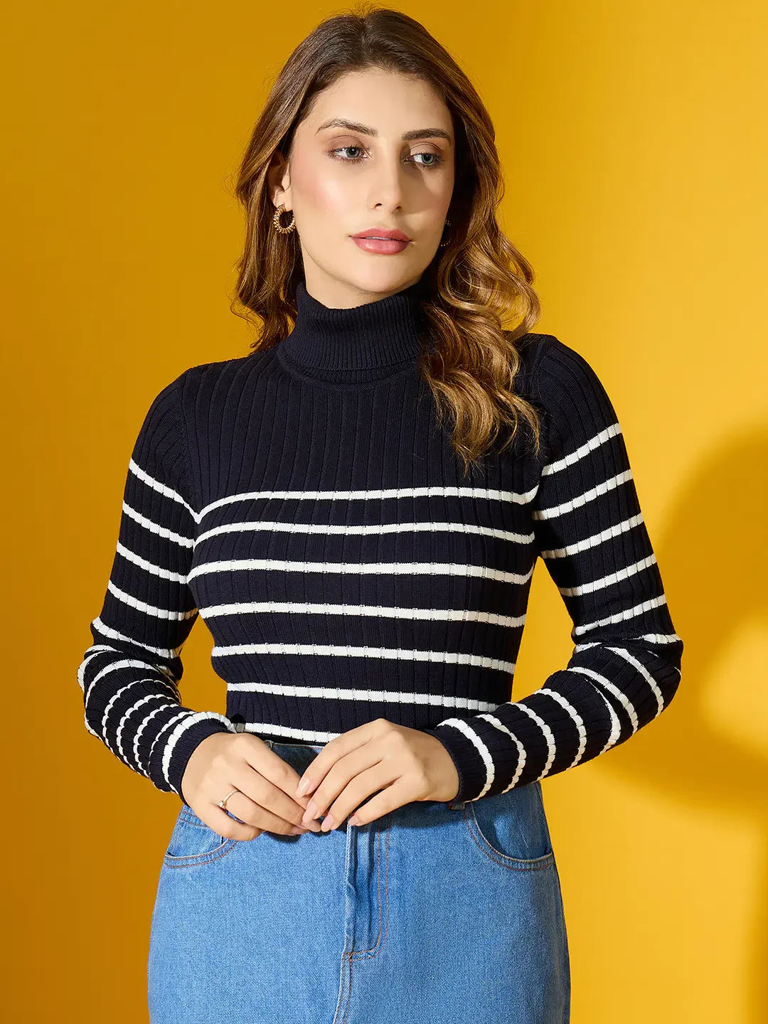 Women’s Navy Striped Turtleneck Pullover | Casual Ribbed Sweater for Winter India
