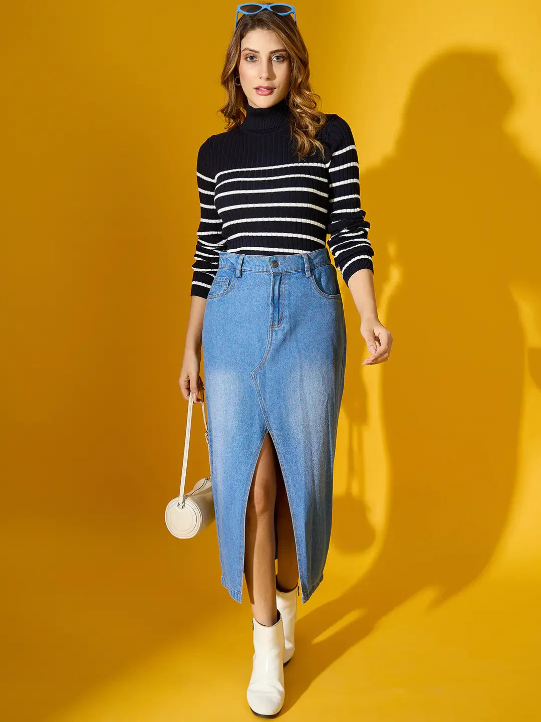 Women’s Navy Striped Turtleneck Pullover | Casual Ribbed Sweater for Winter India