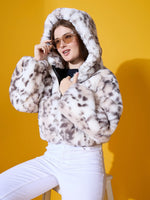 Model wears the 98degreenorth Women’s Off-White Faux Fur Jacket, premium winter outerwear, against a yellow backdrop.