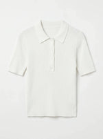 98degreenorth Women's Off-White Ribbed Knit Polo Top with buttoned collar and short sleeves, laid flat on white.