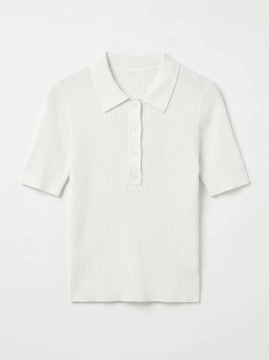 98degreenorth Women's Off-White Ribbed Knit Polo Top with buttoned collar and short sleeves, laid flat on white.