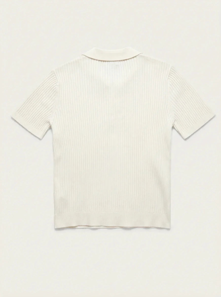 Women's Off-White Ribbed Knit Polo Top by 98degreenorth, short sleeves, shown from the back against a plain background.