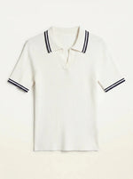 98degreenorth Women's Off-White Ribbed Knit Polo Top with navy tipped collar, perfect for a classic preppy look.