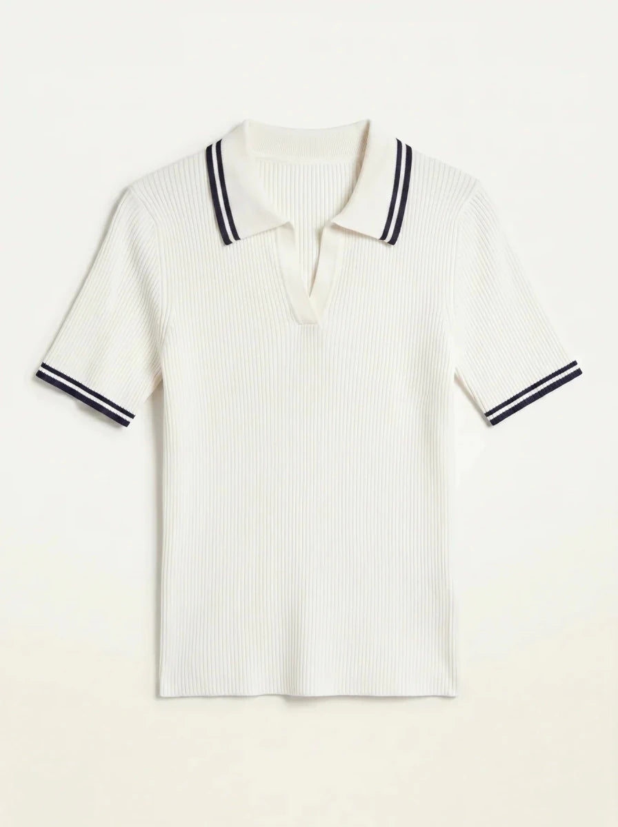 98degreenorth Women's Off-White Ribbed Knit Polo Top with navy tipped collar, perfect for a classic preppy look.