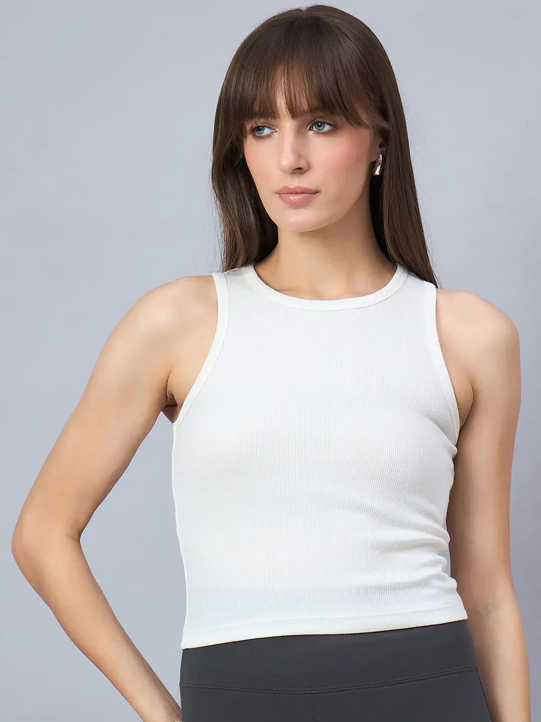 Women’s Off White Ribbed Sleeveless Crop Top – Minimal Chic Casual Wear