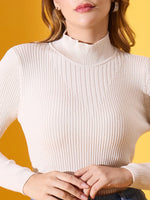 Woman wears 98degreenorth Off White Ribbed Turtle Neck Slim Fit Knit Sweater, cropped at the waist against a yellow background.