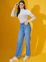 Woman in 98degreenorth Women’s Off-White Ribbed Turtleneck Sweater poses stylishly against a yellow background.