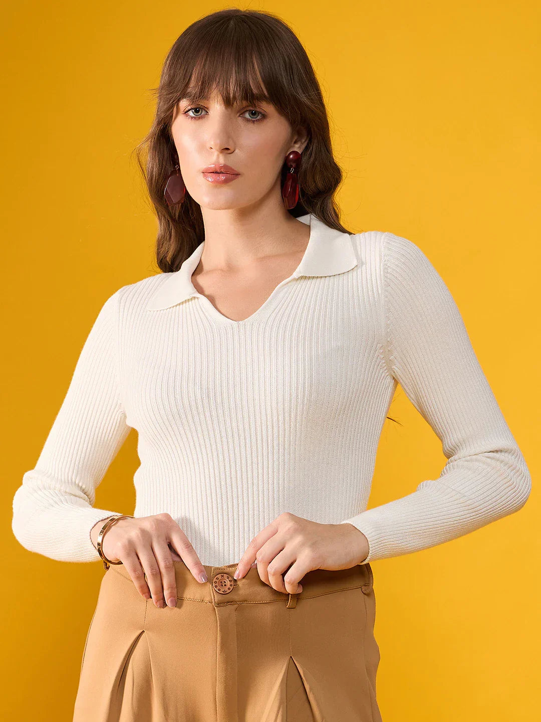 Women’s Off White Stretchable Ribbed Collar Sweater – Classic Knit Winter Top for Casual & Formal Outfits India