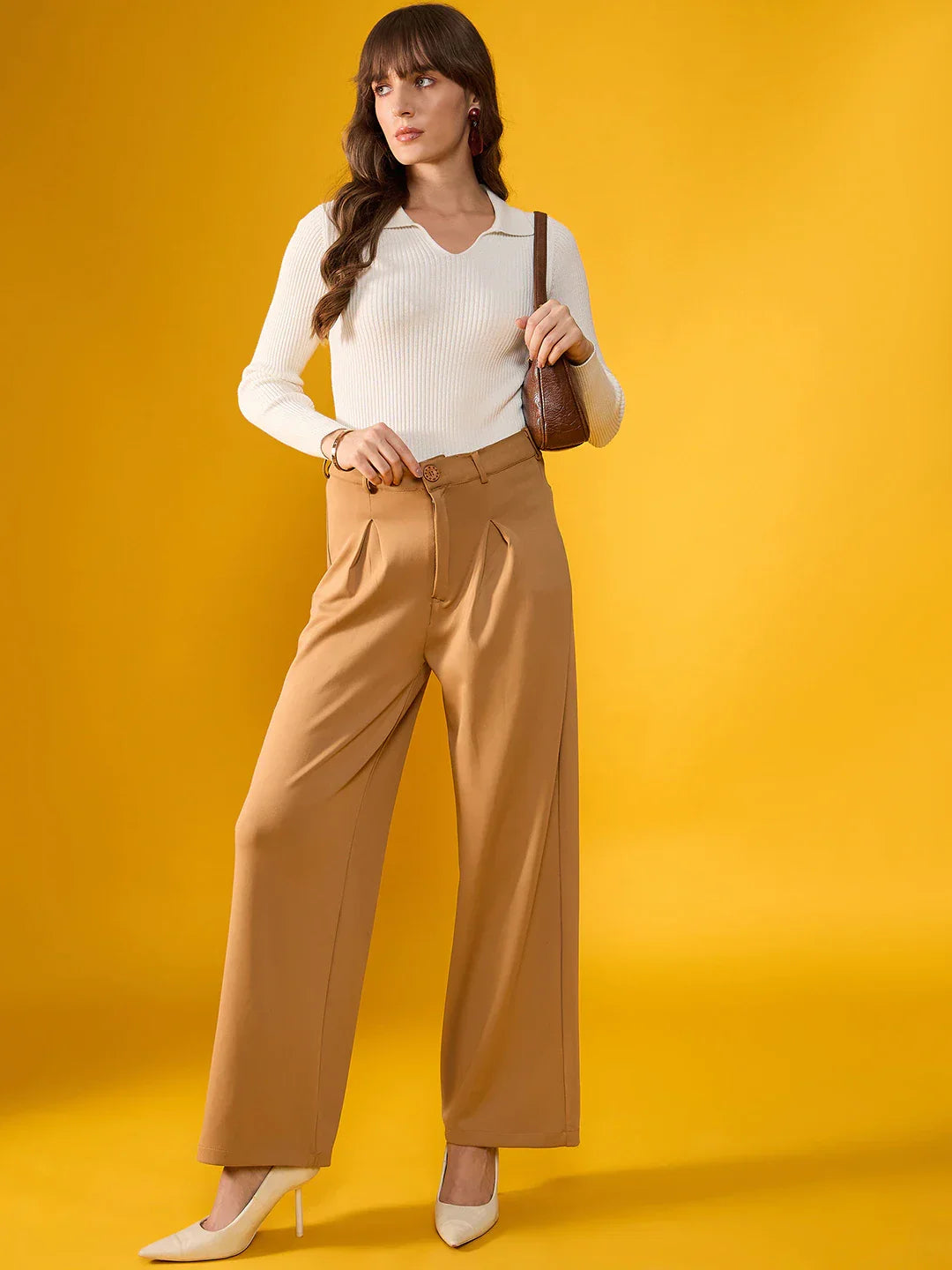 Women’s Off White Stretchable Ribbed Collar Sweater – Classic Knit Winter Top for Casual & Formal Outfits India