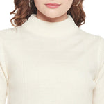 Model in 98degreenorth’s off white slim fit ribbed turtle neck sweater, half sleeves, wavy brown hair.