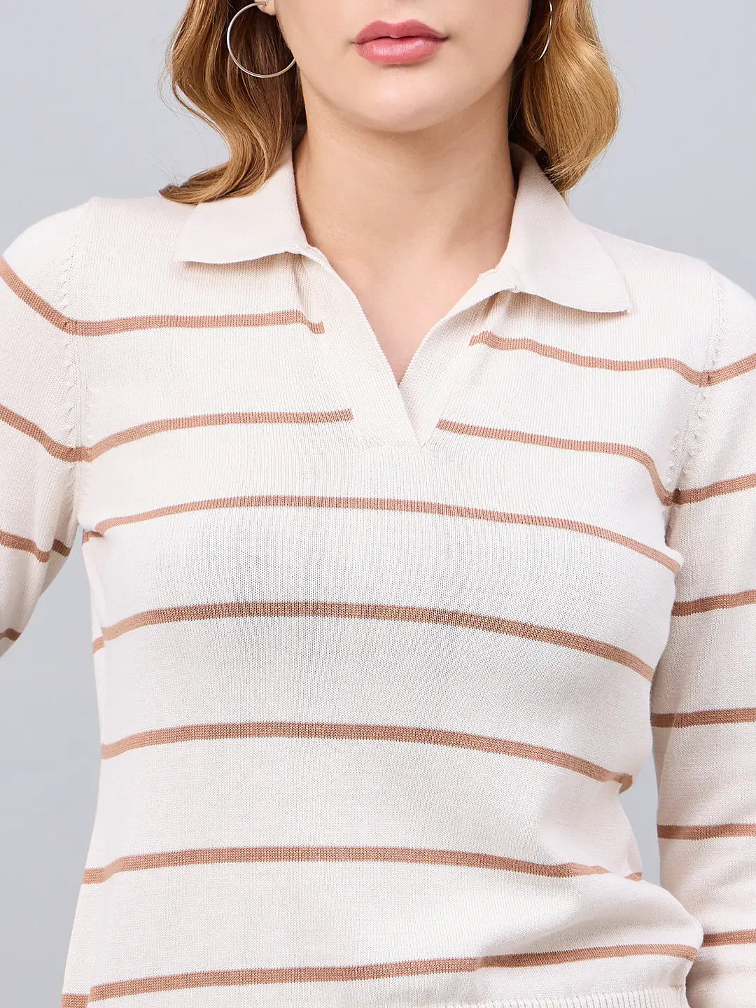 98degreenorth Women’s Off-White Striped Collared Sweater—minimal chic polo knit, shown from shoulders to waist.