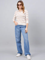 Woman in 98degreenorth Off-White Striped Collared Sweater pairs it with blue jeans, white sneakers, and sunglasses.