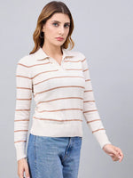 Model wears the 98degreenorth Off-White Striped Collared Sweater with blue jeans against a plain gray background.