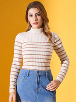 Woman in a 98degreenorth off-white striped ribbed turtleneck sweater and blue denim skirt against a yellow background.