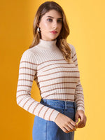 Woman in a 98degreenorth off-white striped ribbed turtleneck sweater and blue jeans against a yellow background.