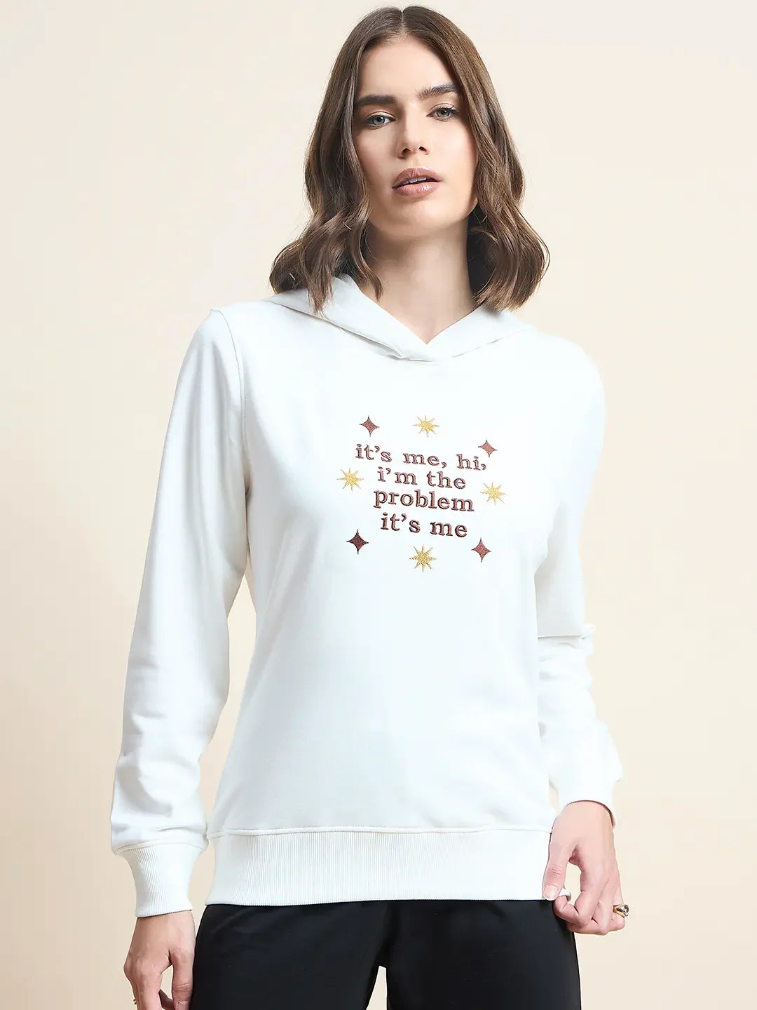 Women’s Offwhite Embroidered Hoodie Sweatshirt with Quirky Quote Design – Trendy Streetwear