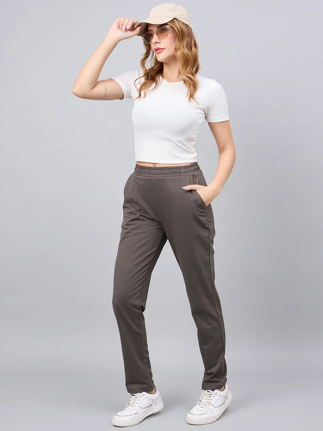 Women’s Olive Green Cotton Stretchable Slim Fit Trackpants – High Waist Straight Leg Casual & Athleisure Pants India